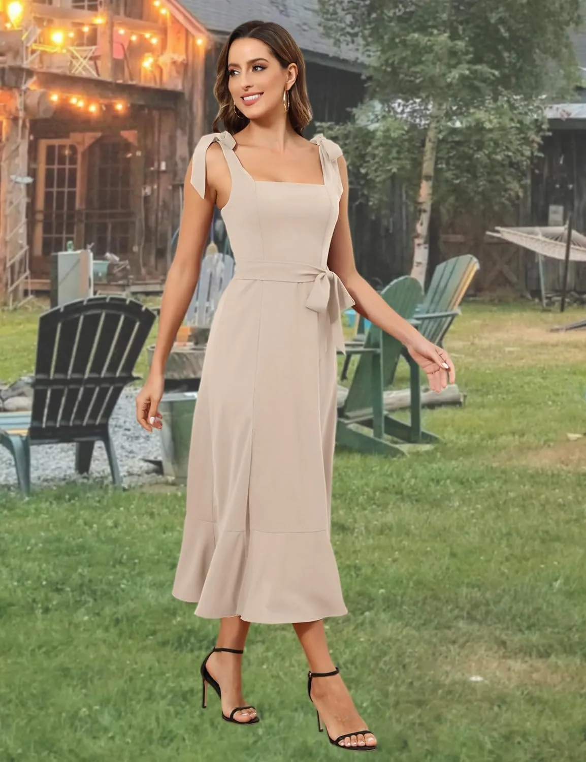 ROYAL MATRIX Women's Midi Dresses for Wedding Guest Semi Formal Dress for Cocktail Party Square Neck Split Bridesmaid Dress