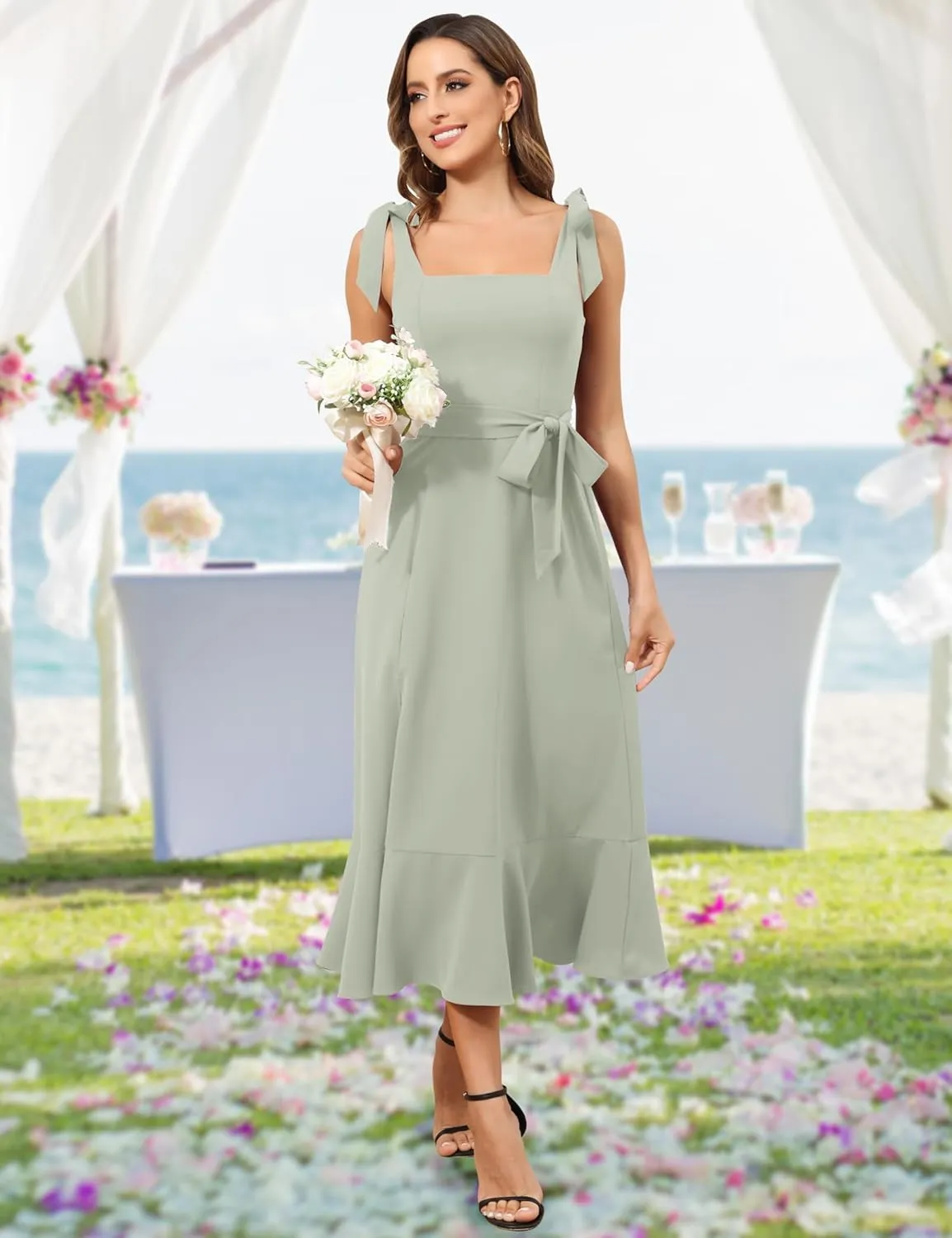 ROYAL MATRIX Women's Midi Dresses for Wedding Guest Semi Formal Dress for Cocktail Party Square Neck Split Bridesmaid Dress