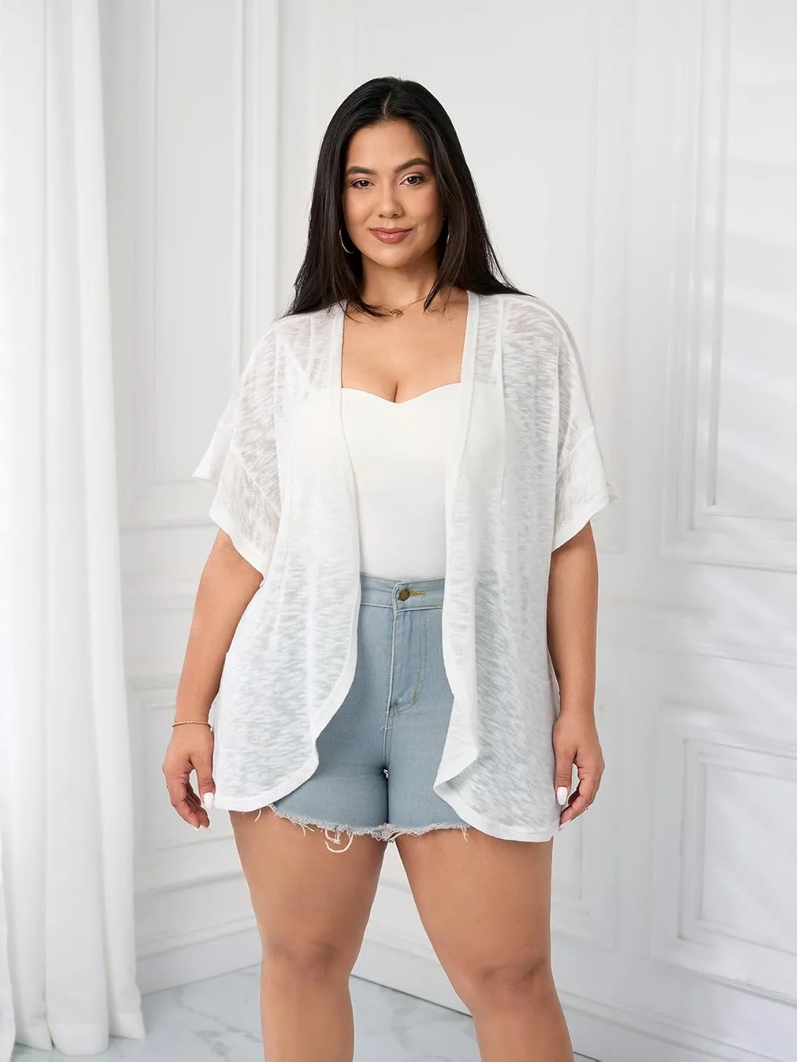 SCOMCHIC Women Plus Size Lightweight Cardigan Summer Kimono Ruffle Short Sleeve Open Front Casual Tops Beach Cover Up