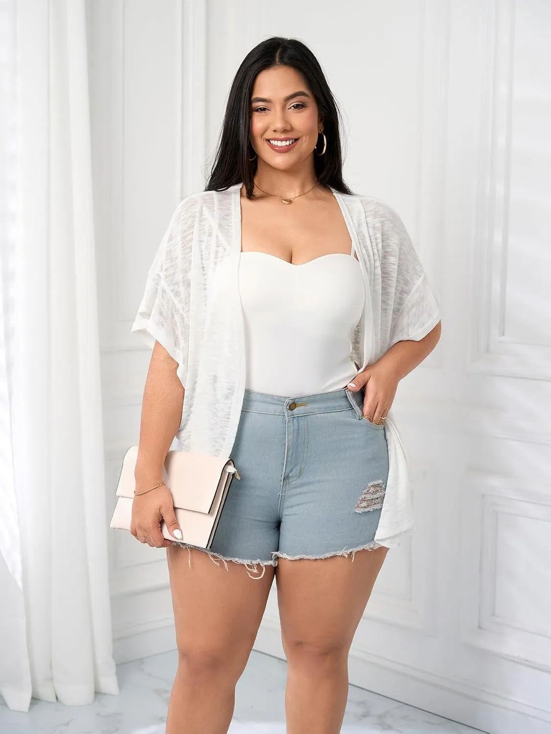 SCOMCHIC Women Plus Size Lightweight Cardigan Summer Kimono Ruffle Short Sleeve Open Front Casual Tops Beach Cover Up