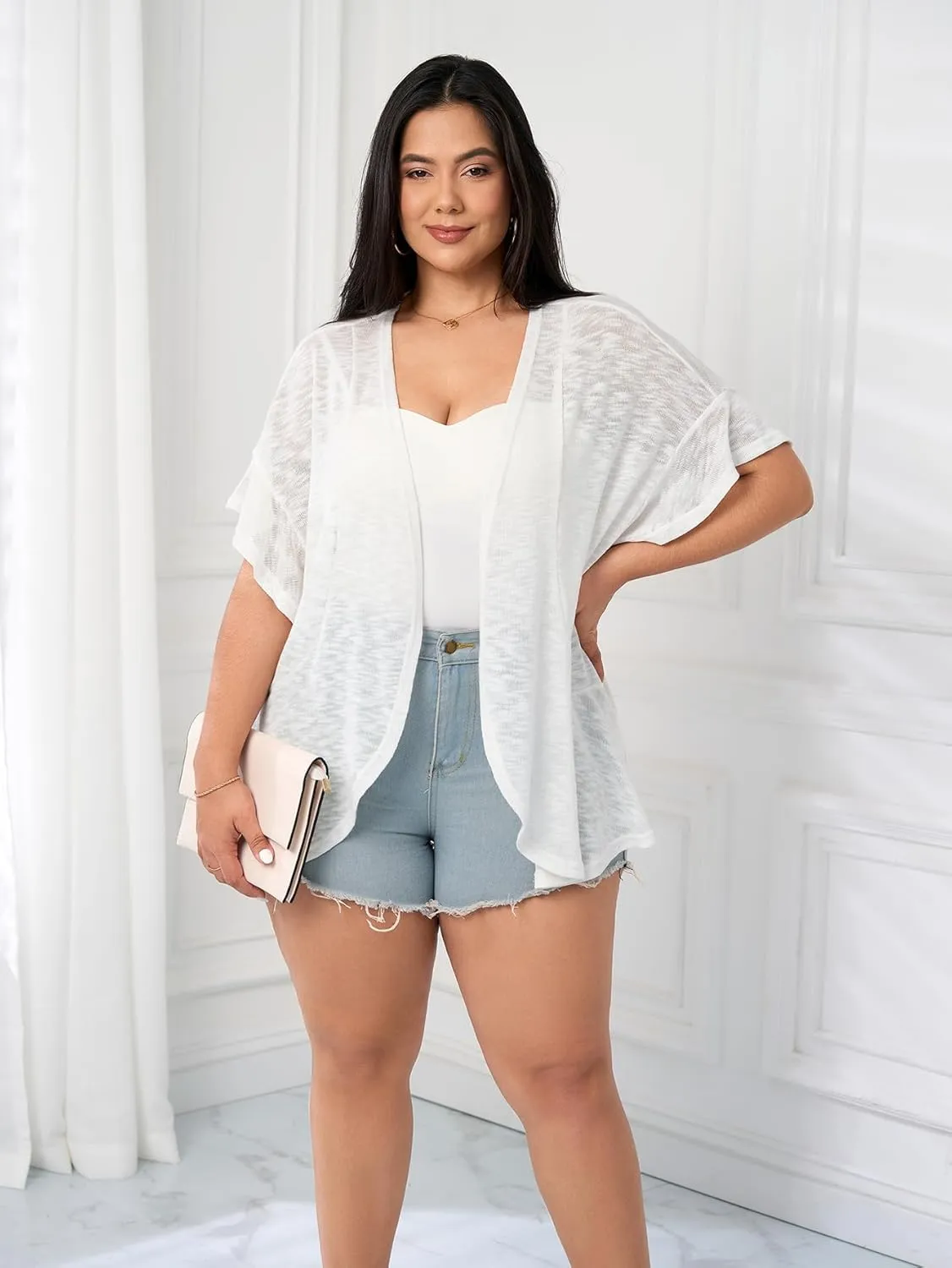 SCOMCHIC Women Plus Size Lightweight Cardigan Summer Kimono Ruffle Short Sleeve Open Front Casual Tops Beach Cover Up