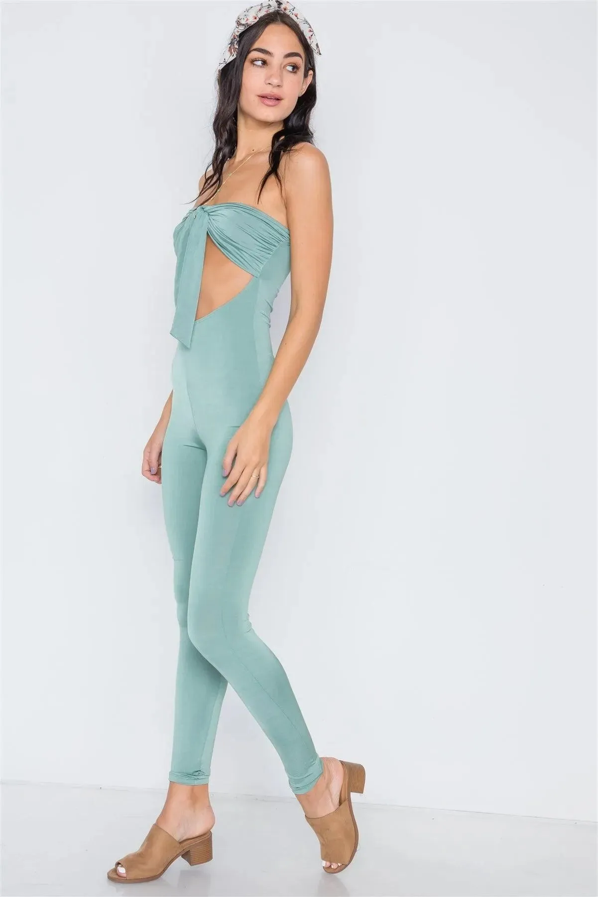 Sea Green Front Tie Cut Out Skinny Leg Jumpsuit /2-2-2