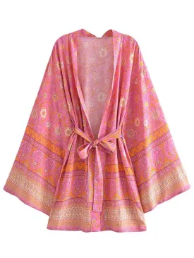 Short Kimono With Floral Print Pink & Yellow Cotton Short Length Gown Robe