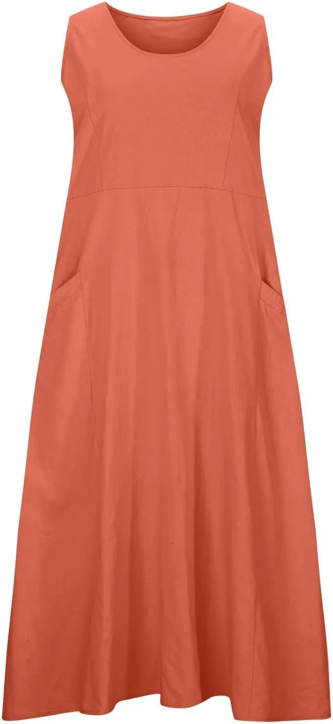 Summer Cotton Linen Dress for Women 2024 Sleeveless Casual Loose Tank Dress with Pockets
