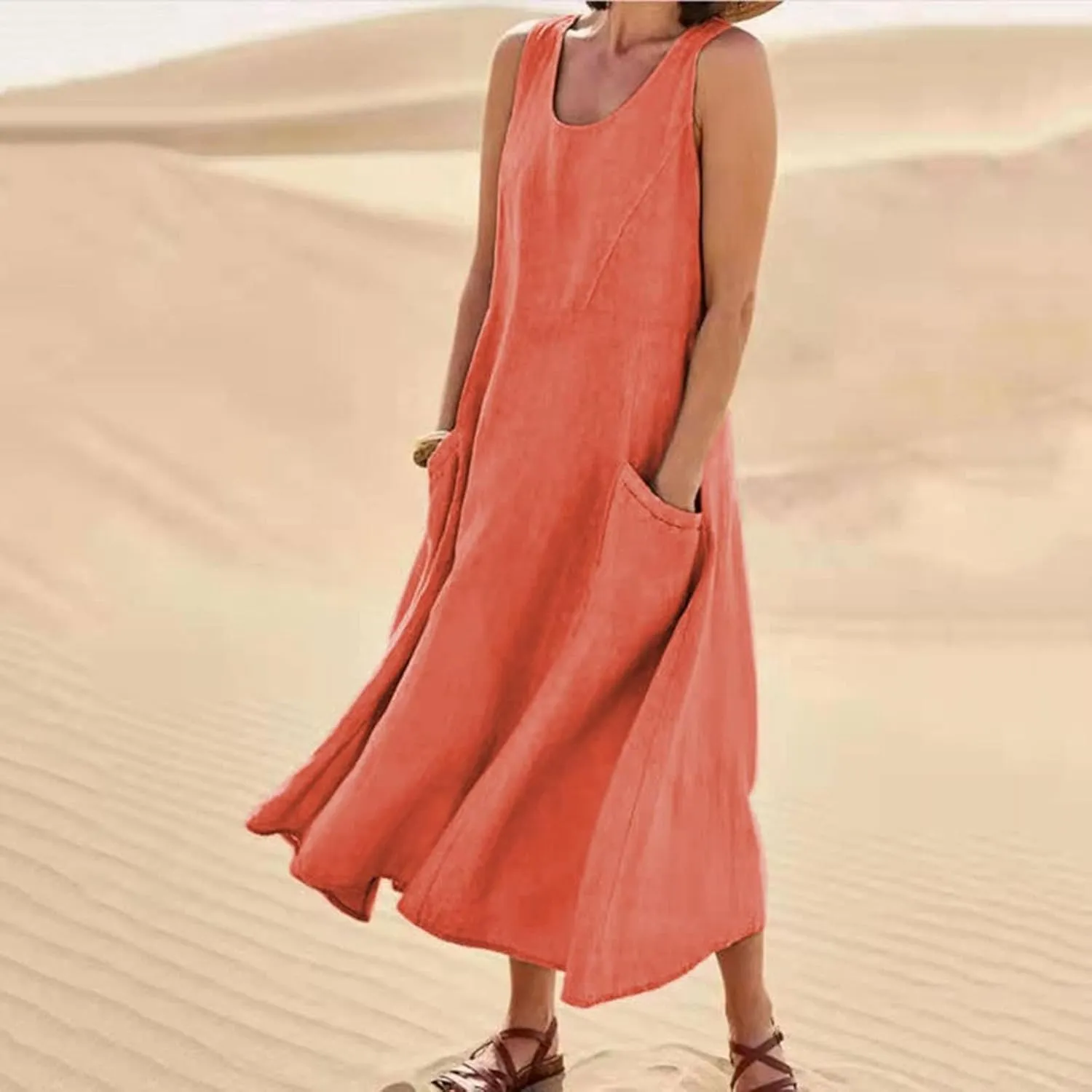 Summer Cotton Linen Dress for Women 2024 Sleeveless Casual Loose Tank Dress with Pockets