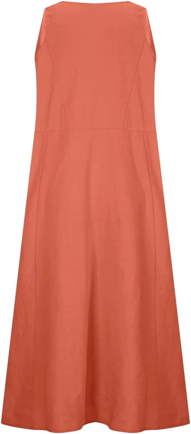 Summer Cotton Linen Dress for Women 2024 Sleeveless Casual Loose Tank Dress with Pockets
