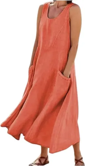 Summer Cotton Linen Dress for Women 2024 Sleeveless Casual Loose Tank Dress with Pockets