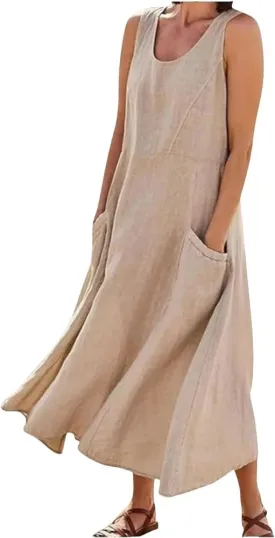 Summer Cotton Linen Dress for Women 2024 Sleeveless Casual Loose Tank Dress with Pockets