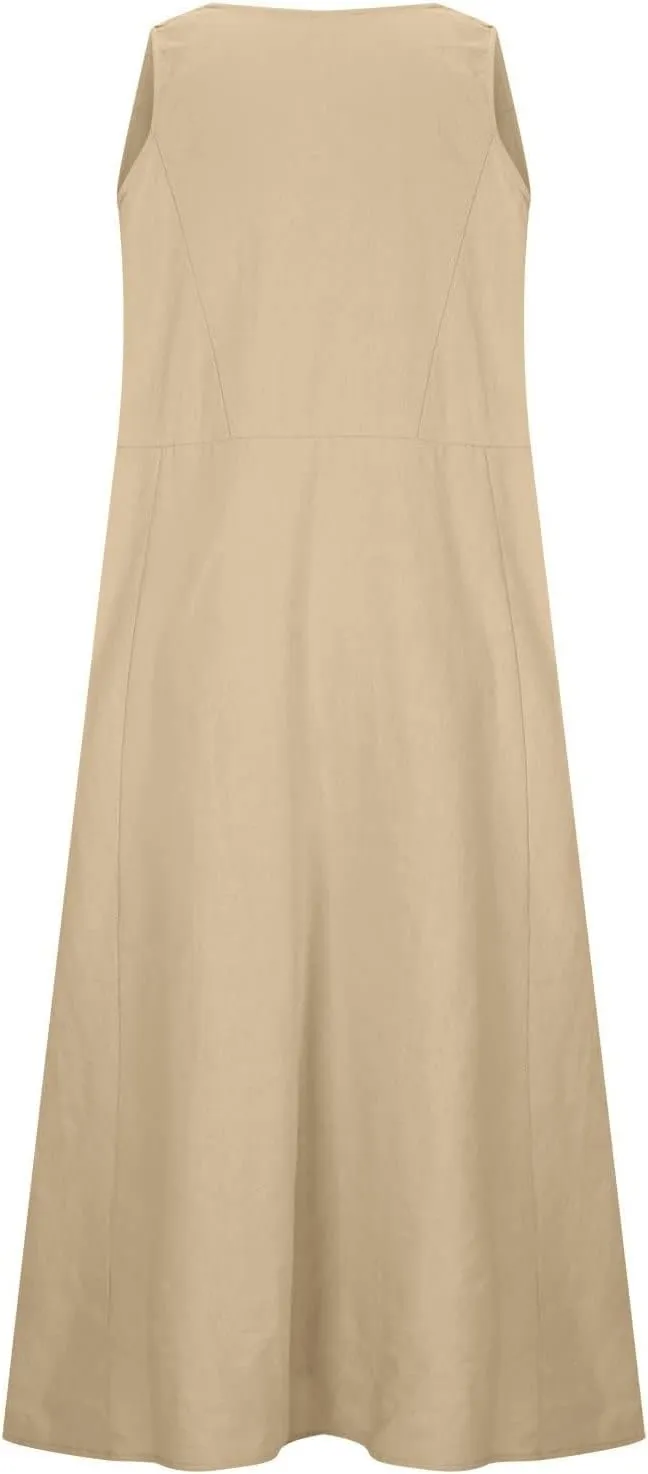 Summer Cotton Linen Dress for Women 2024 Sleeveless Casual Loose Tank Dress with Pockets