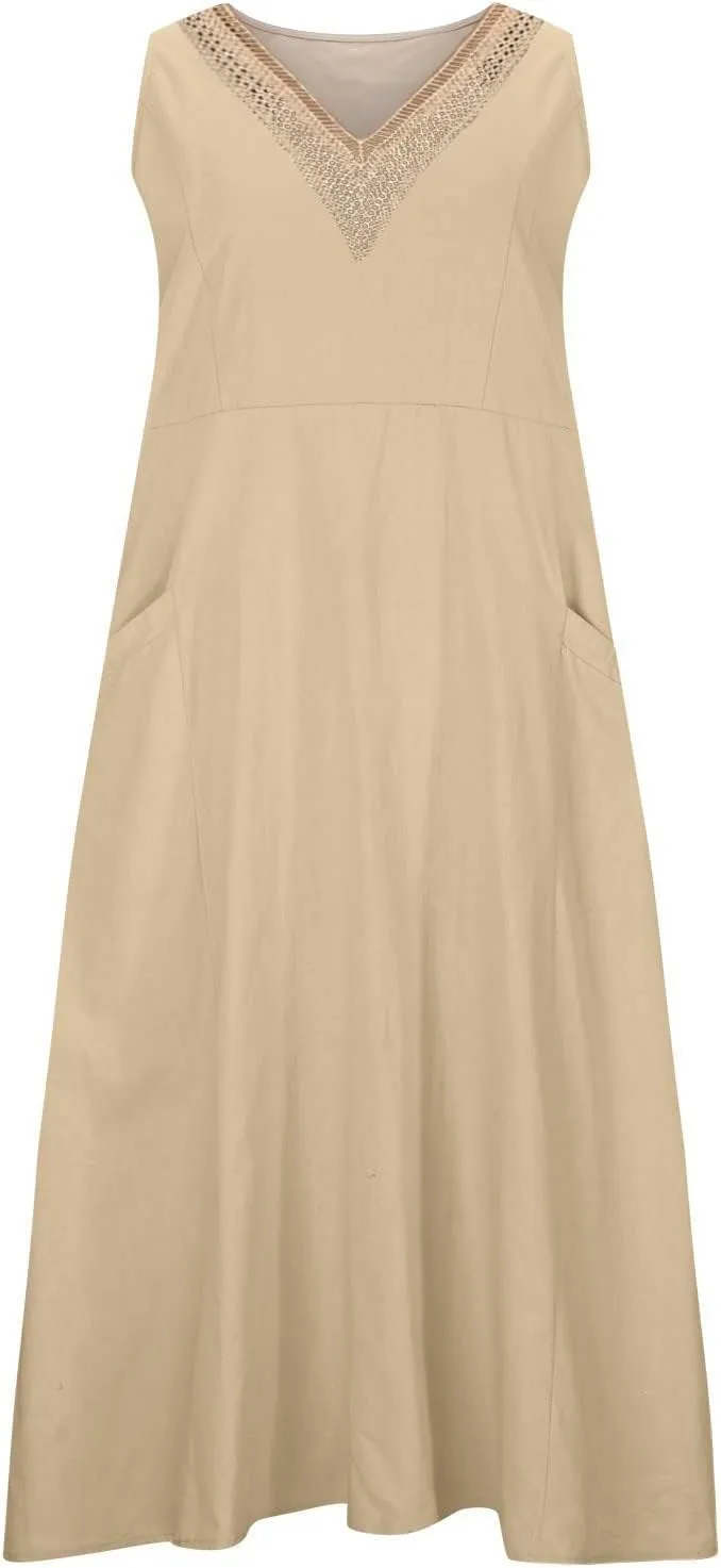 Summer Cotton Linen Dress for Women 2024 Sleeveless Casual Loose Tank Dress with Pockets