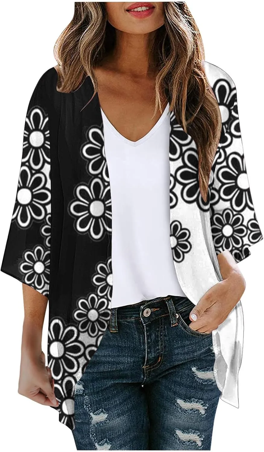 Summer Puff Sleeve Cardigans Womens Fashion Floral Printed Kimono Cardigan Casual Loose Fit lightweight Cover Up Blouse Tops