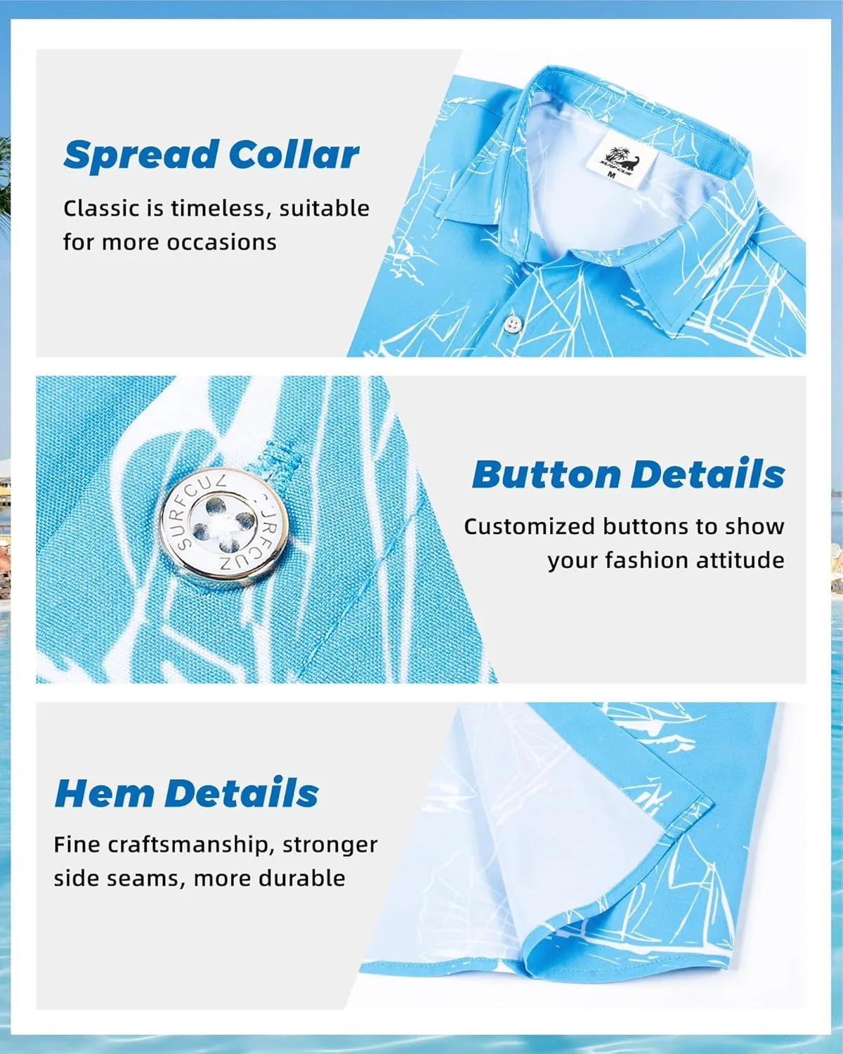 SURF CUZ Mens Casual Hawaiian Shirt Short Sleeve Stretch Button Down Quick Dry Beach Aloha Shirts