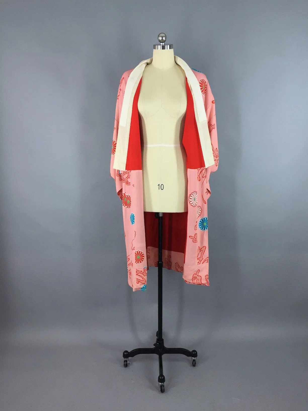 Vintage 1930s Silk Kimono Robe / Pink Aqua Floral Print Juban