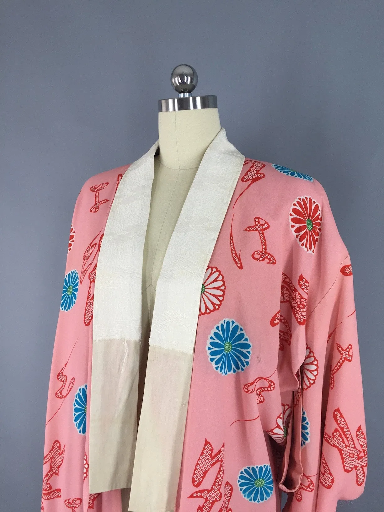 Vintage 1930s Silk Kimono Robe / Pink Aqua Floral Print Juban