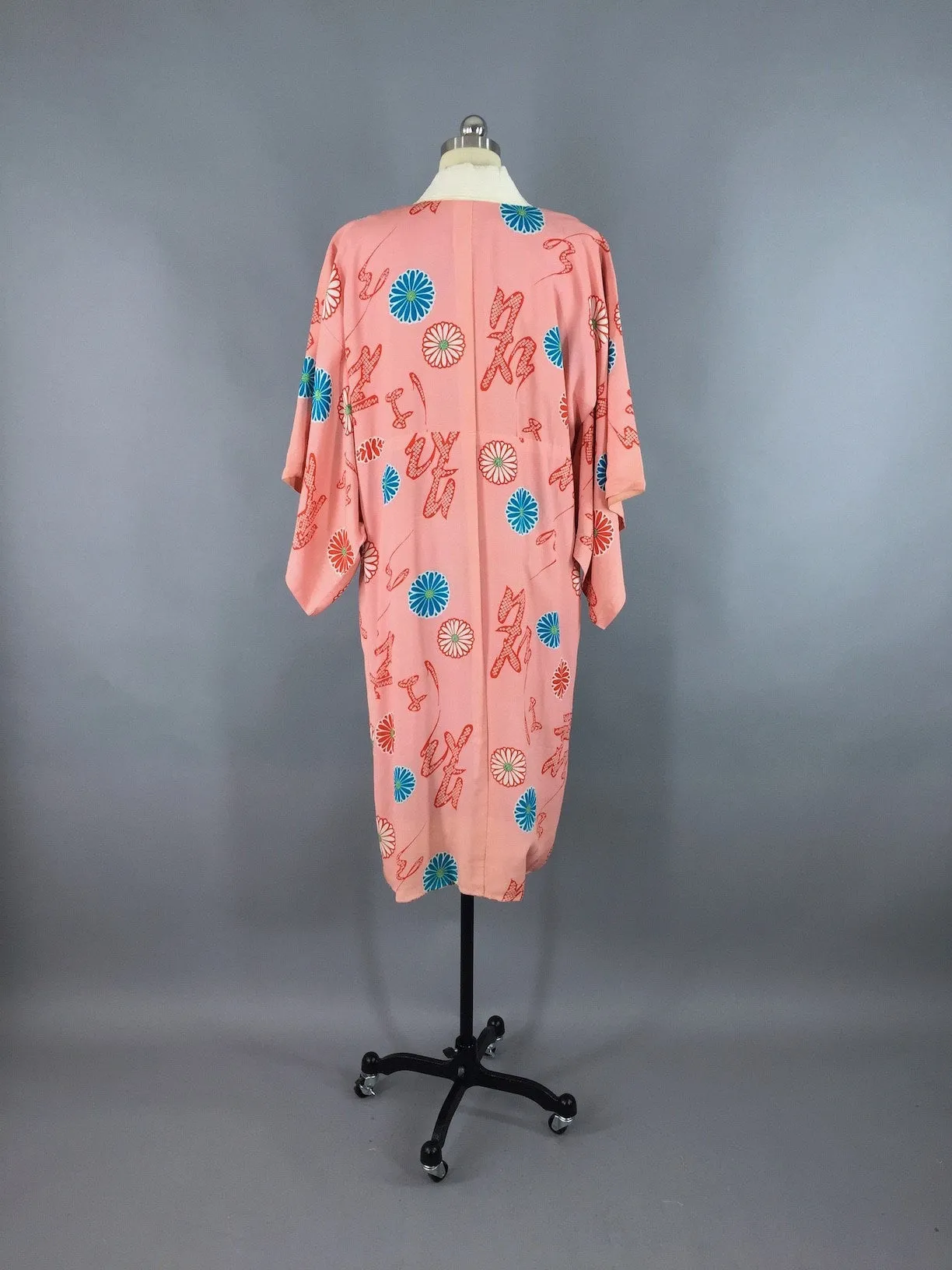 Vintage 1930s Silk Kimono Robe / Pink Aqua Floral Print Juban
