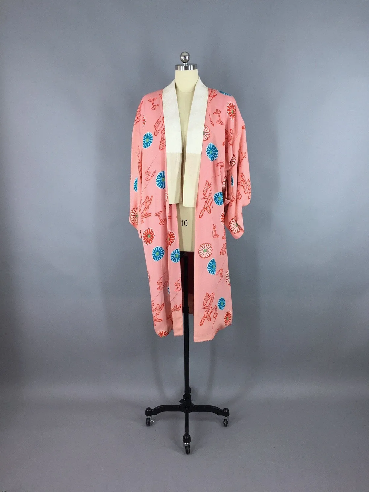 Vintage 1930s Silk Kimono Robe / Pink Aqua Floral Print Juban