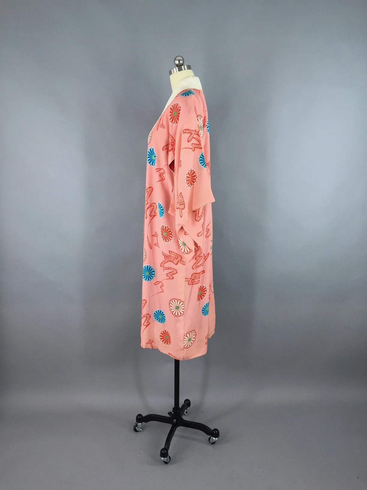 Vintage 1930s Silk Kimono Robe / Pink Aqua Floral Print Juban