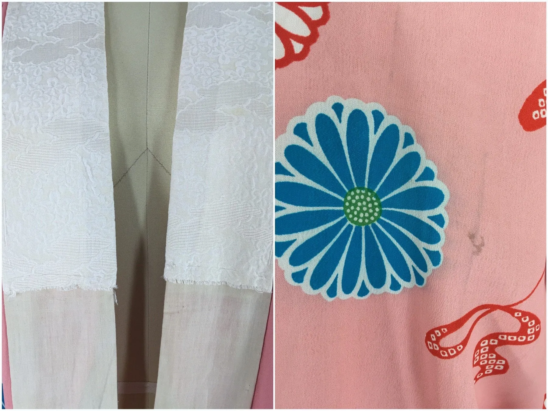 Vintage 1930s Silk Kimono Robe / Pink Aqua Floral Print Juban