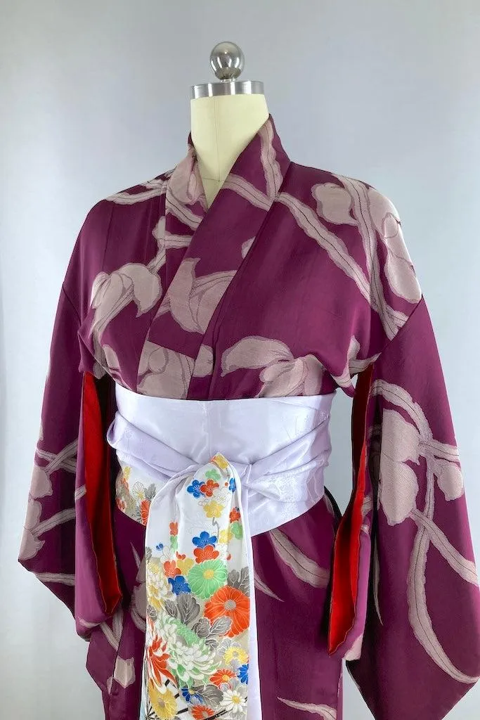 Vintage 1940s Purple Silver Floral Kimono