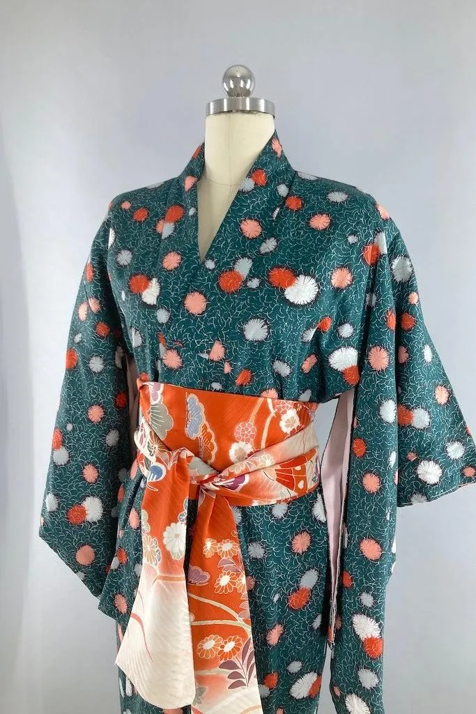 Vintage Green & Pink Abstract Floral Kimono