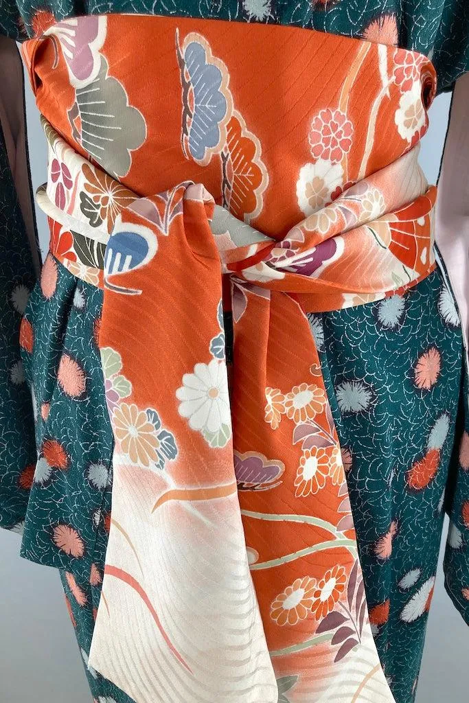 Vintage Green & Pink Abstract Floral Kimono