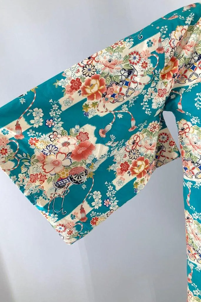 Vintage Turquoise Cotton Kimono Style Robe