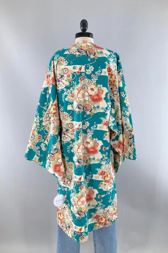 Vintage Turquoise Cotton Kimono Style Robe