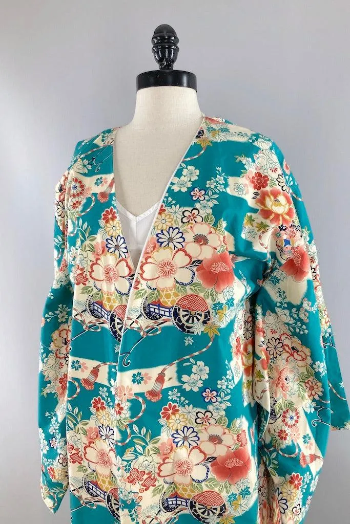 Vintage Turquoise Cotton Kimono Style Robe