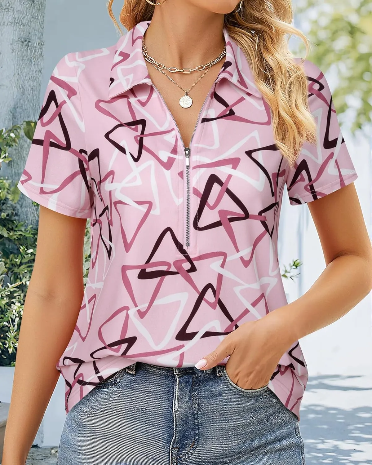 Vivilli Women's Polo Shirts Zipper Short Sleeve Business Casual Work Tops Summer Solid/Floral for Office,Golf& Vacation