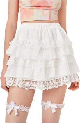 WDIRARA Women's Floral Lace High Waist Layered Ruffle Hem Skirt Elastic Waist Casual Mini Skirts
