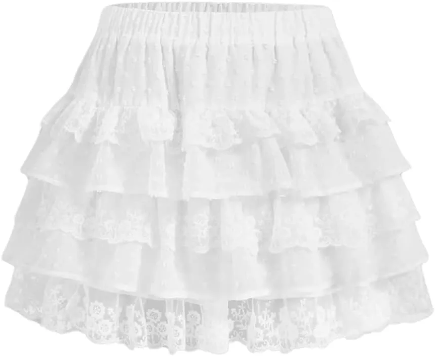 WDIRARA Women's Floral Lace High Waist Layered Ruffle Hem Skirt Elastic Waist Casual Mini Skirts