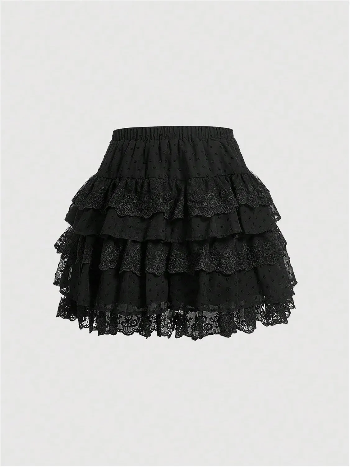 WDIRARA Women's Floral Lace High Waist Layered Ruffle Hem Skirt Elastic Waist Casual Mini Skirts