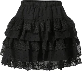 WDIRARA Women's Floral Lace High Waist Layered Ruffle Hem Skirt Elastic Waist Casual Mini Skirts