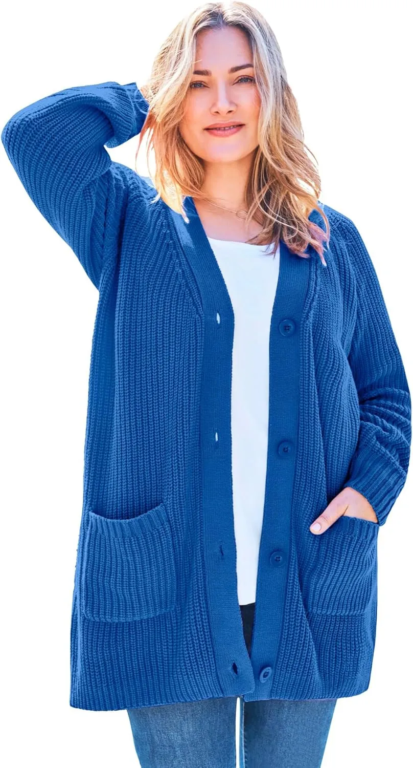 Woman Within Plus Size Button-Front Shaker Cardigan