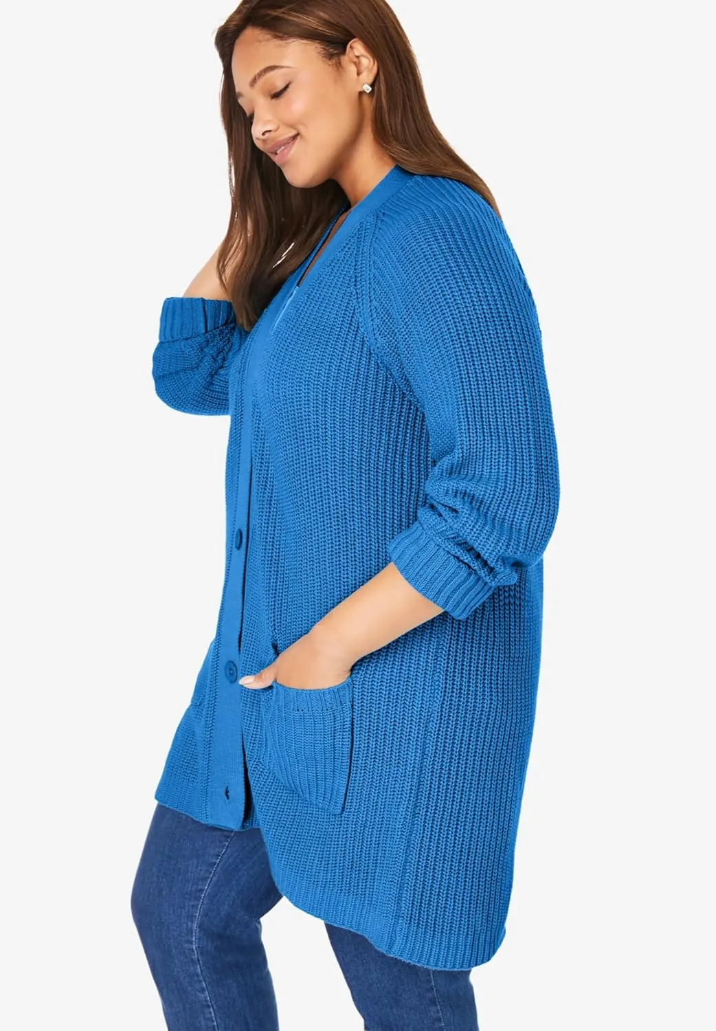 Woman Within Plus Size Button-Front Shaker Cardigan