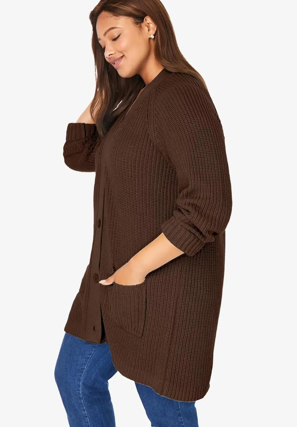 Woman Within Plus Size Button-Front Shaker Cardigan