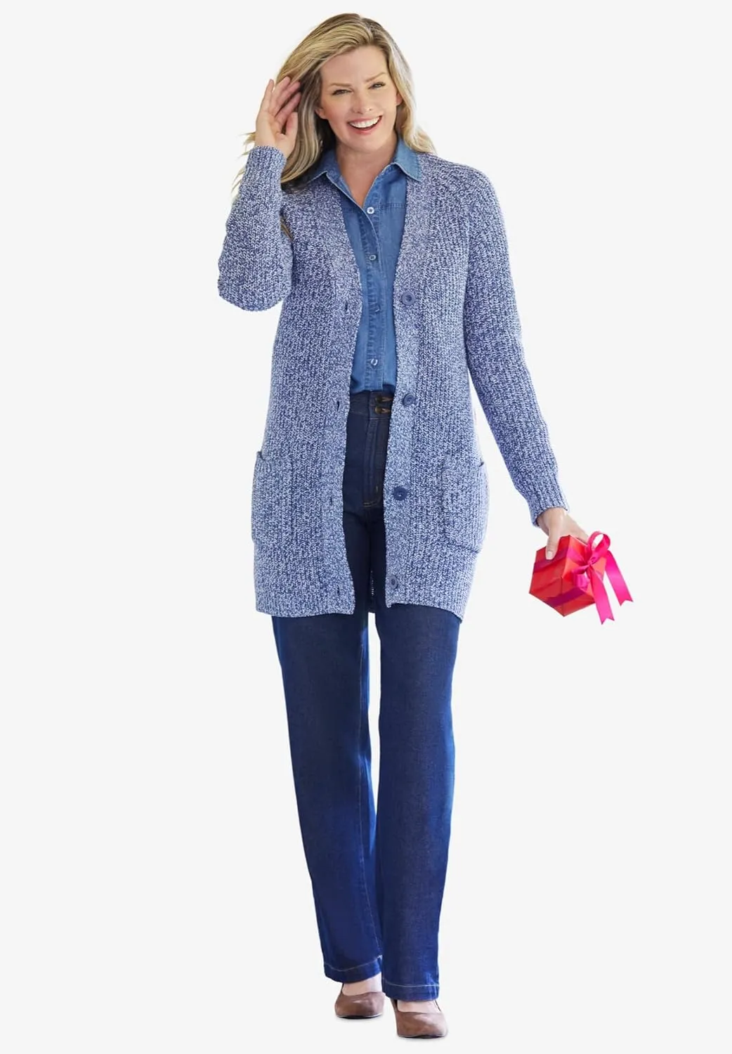 Woman Within Plus Size Button-Front Shaker Cardigan