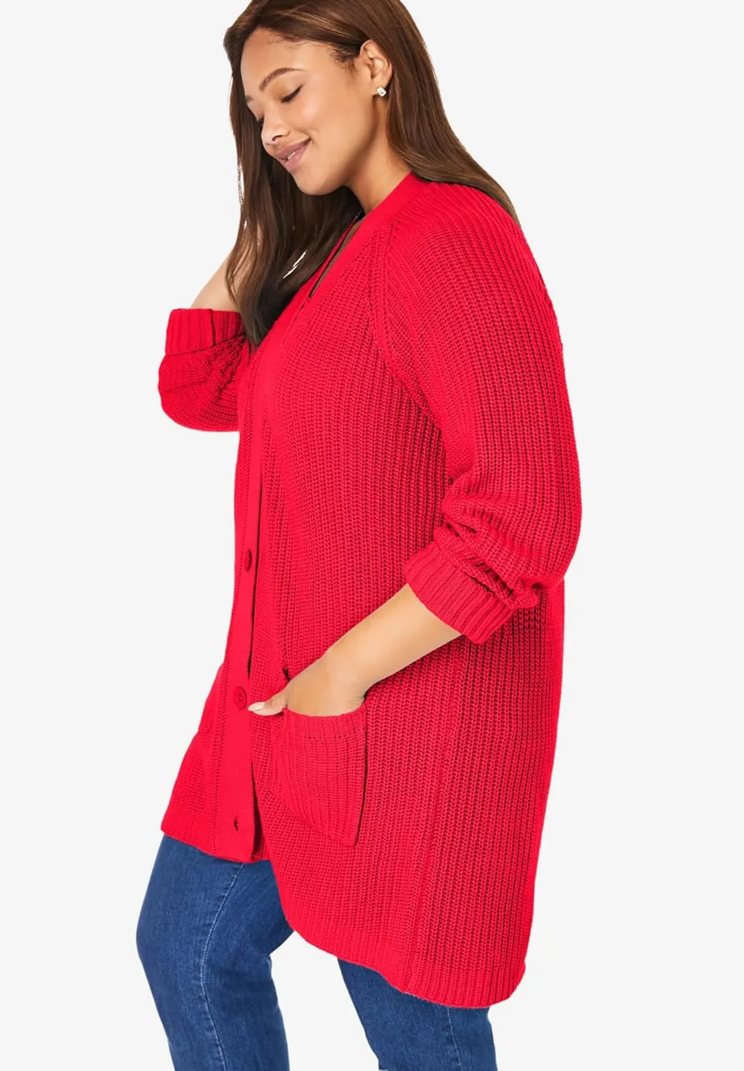 Woman Within Plus Size Button-Front Shaker Cardigan