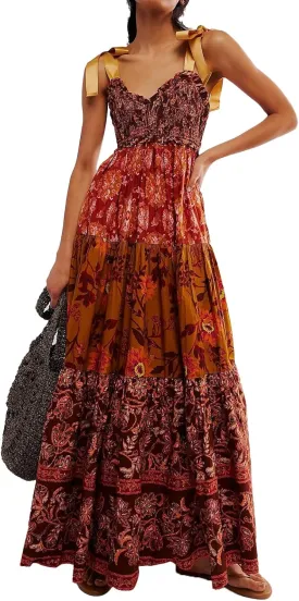 Women Floral Boho Sundress Tie Shoulder Smocked Patchwork Flowy Maxi Dresses with Pockets Summer Fall