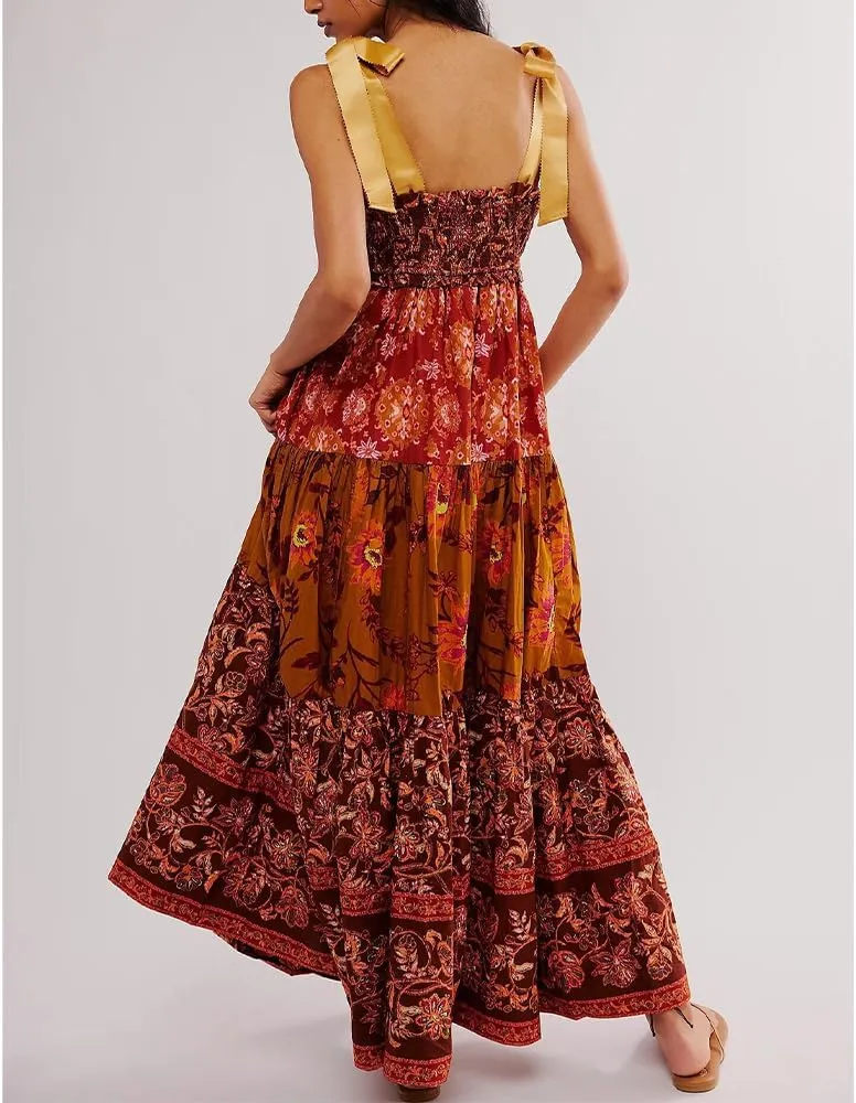 Women Floral Boho Sundress Tie Shoulder Smocked Patchwork Flowy Maxi Dresses with Pockets Summer Fall