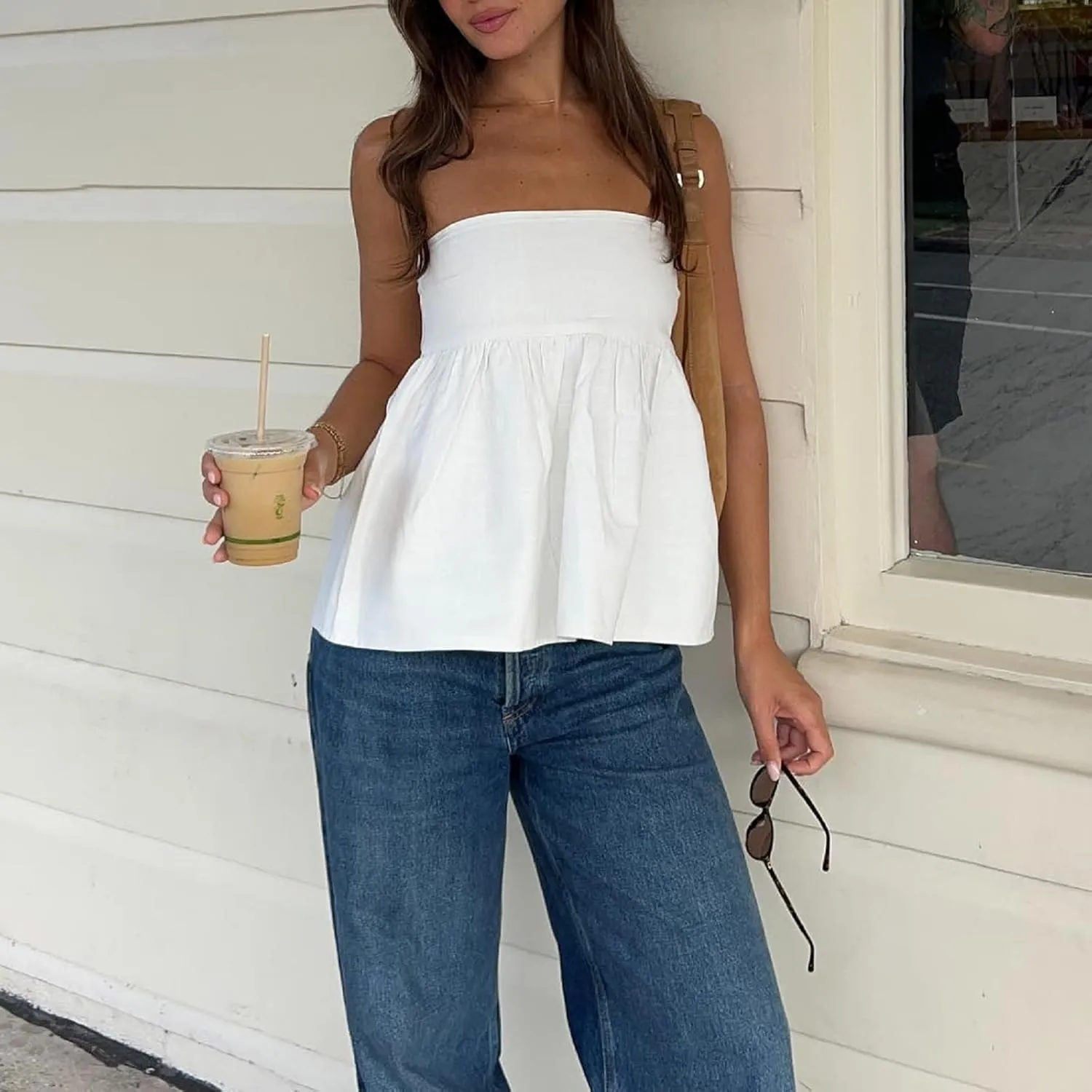 Women Peplum Strapless Tube Top Ruffle Hem Flowy Bandeau Tank Tops Y2K Sleeveless Smocked Back Summer Tube Tops