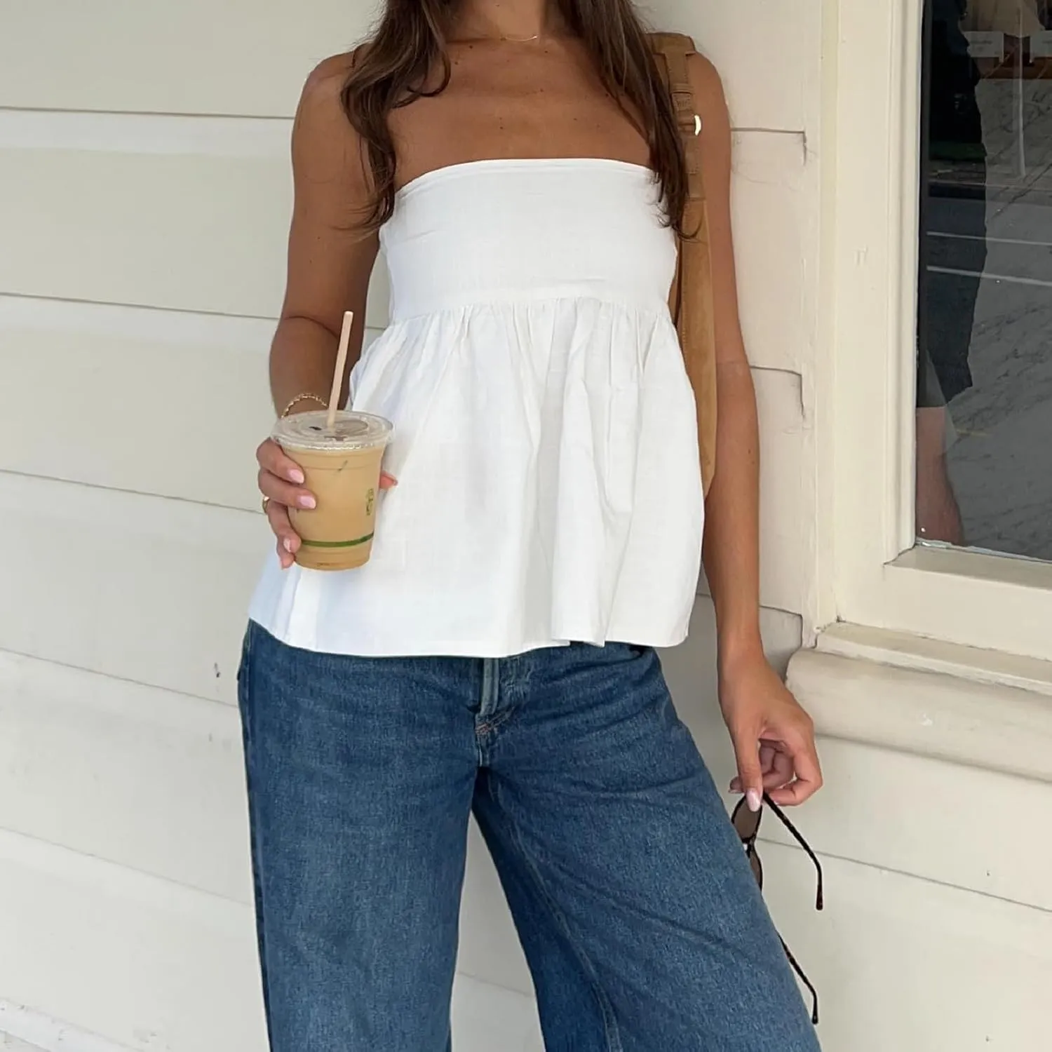 Women Peplum Strapless Tube Top Ruffle Hem Flowy Bandeau Tank Tops Y2K Sleeveless Smocked Back Summer Tube Tops