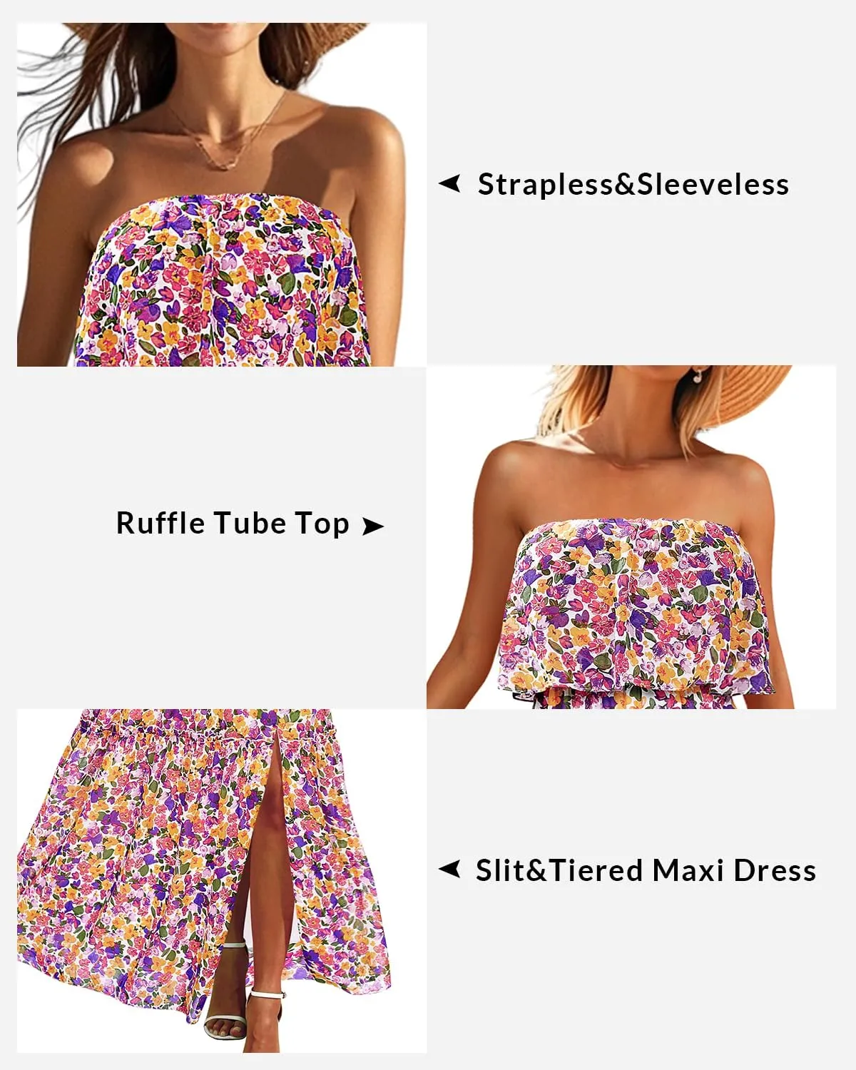 Women Strapless Summer Dress - Boho Chiffon Maxi Beach Side Split Tiered Long Sundresses