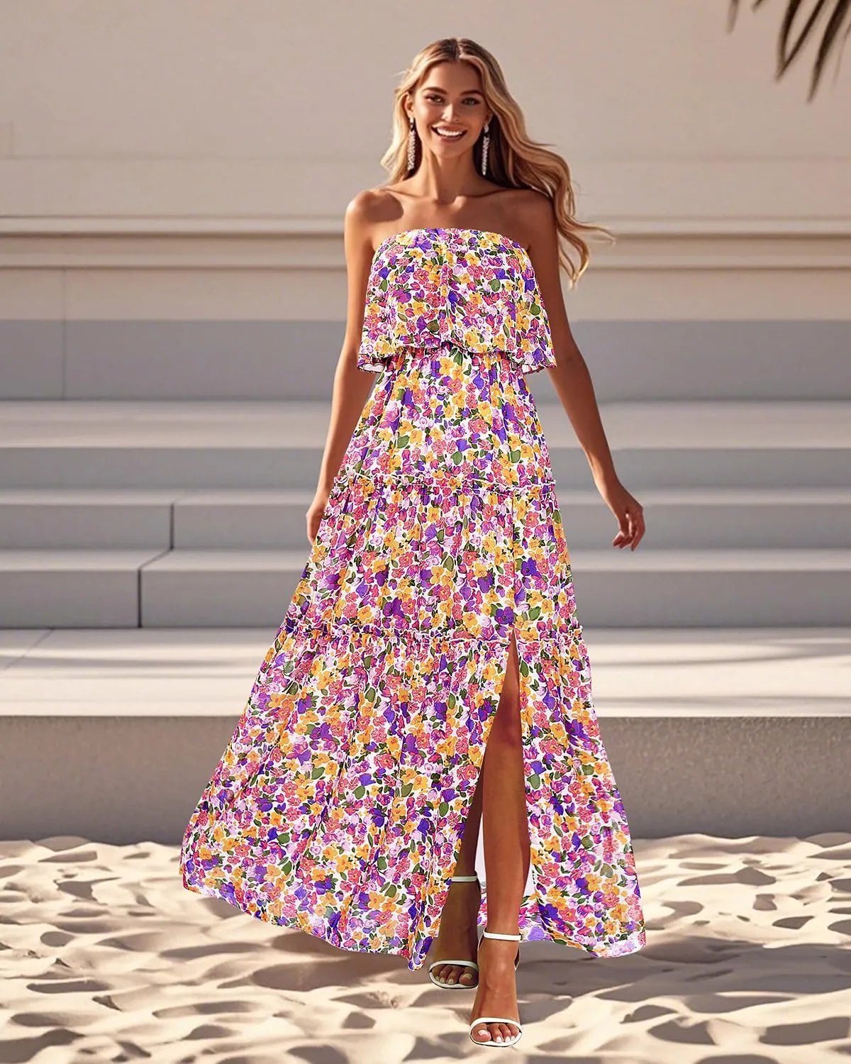 Women Strapless Summer Dress - Boho Chiffon Maxi Beach Side Split Tiered Long Sundresses