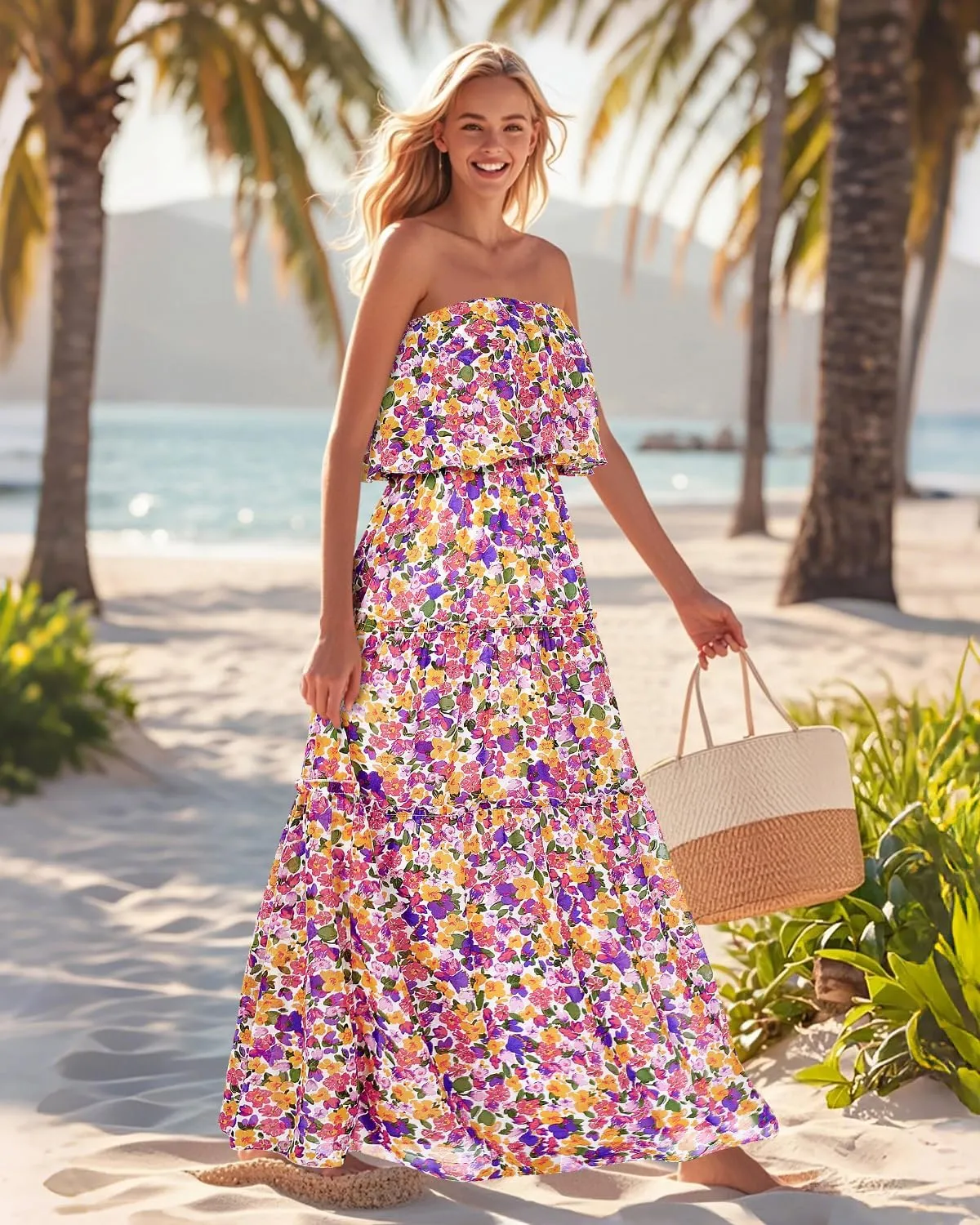 Women Strapless Summer Dress - Boho Chiffon Maxi Beach Side Split Tiered Long Sundresses