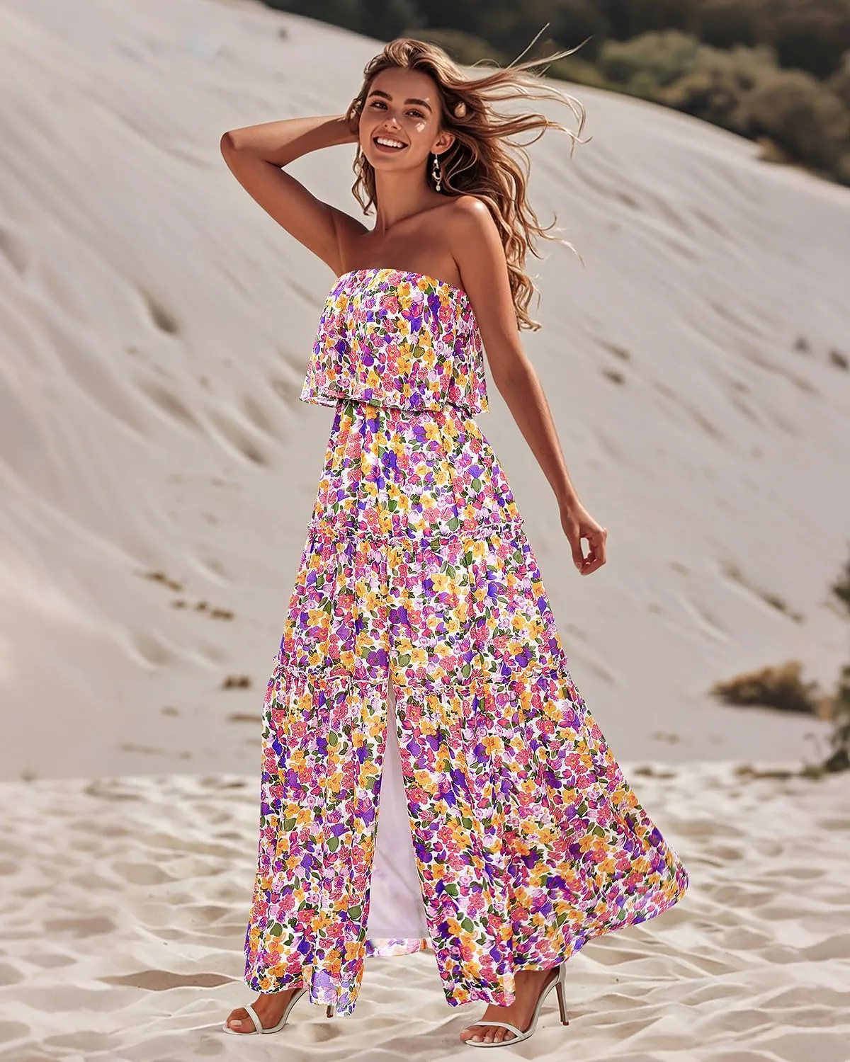 Women Strapless Summer Dress - Boho Chiffon Maxi Beach Side Split Tiered Long Sundresses