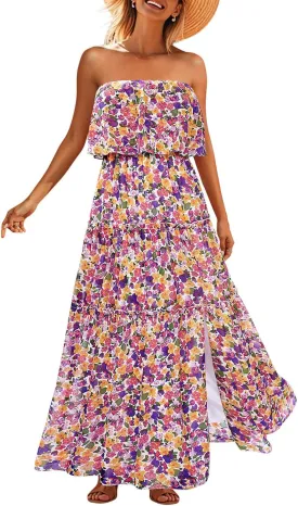 Women Strapless Summer Dress - Boho Chiffon Maxi Beach Side Split Tiered Long Sundresses