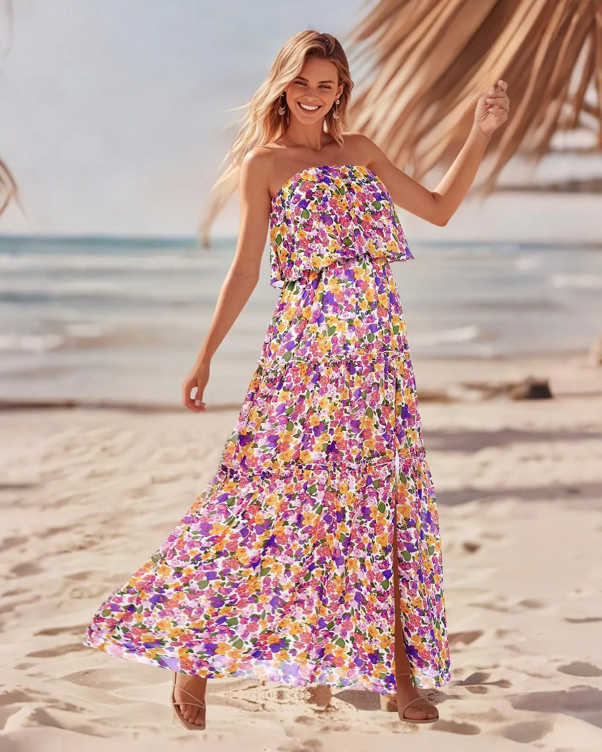 Women Strapless Summer Dress - Boho Chiffon Maxi Beach Side Split Tiered Long Sundresses