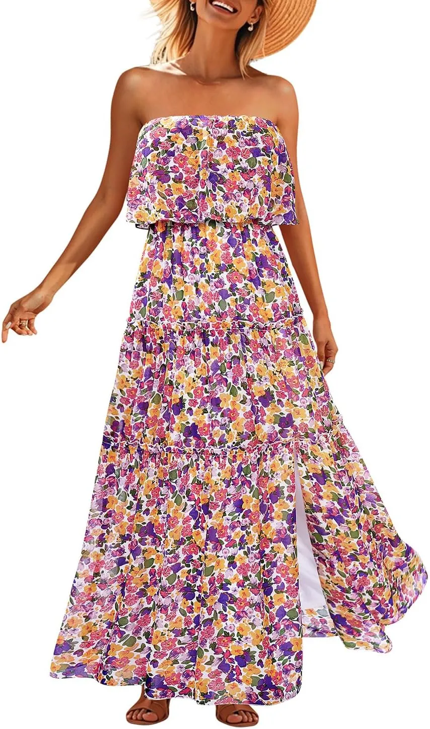 Women Strapless Summer Dress - Boho Chiffon Maxi Beach Side Split Tiered Long Sundresses