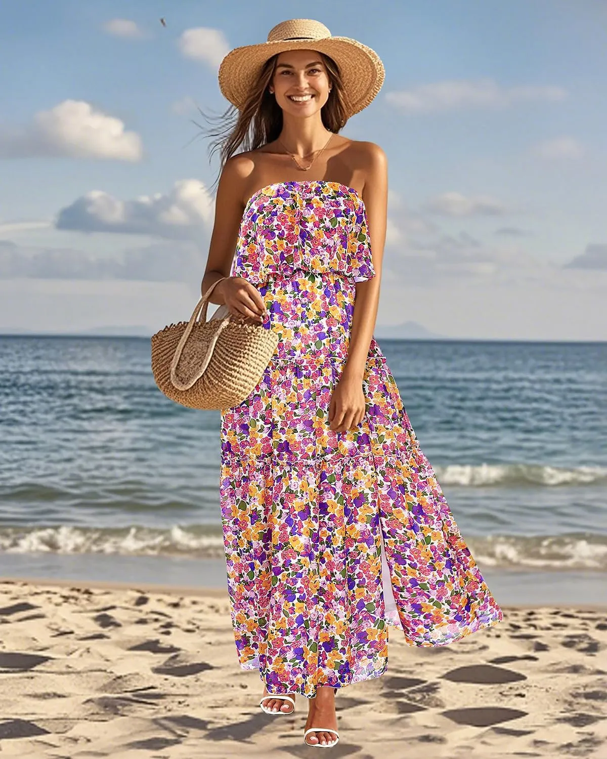 Women Strapless Summer Dress - Boho Chiffon Maxi Beach Side Split Tiered Long Sundresses